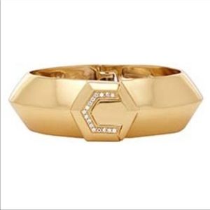 India Hicks Casino Cuff Bracelet Gold Tone Rhinestones Letter C Hinged Large